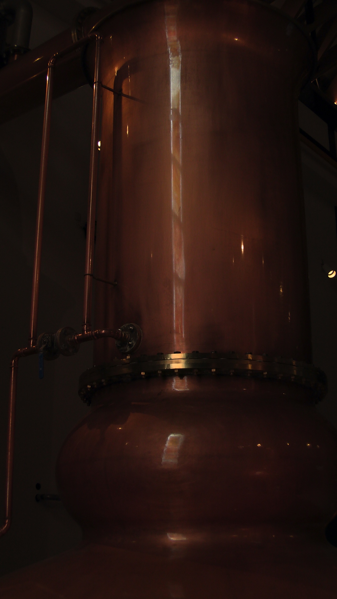 reflection of window in one of the copper stills