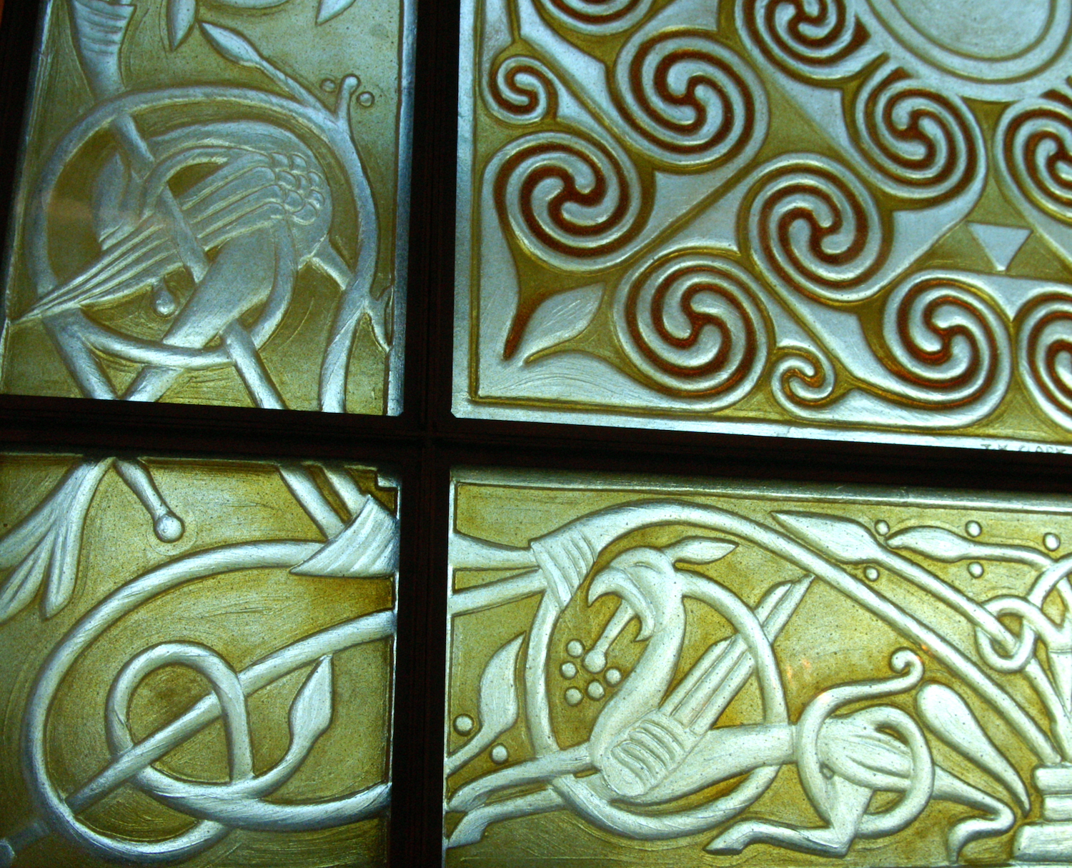 Detail of the Pictish spiral pattern in the finished fused glass — Glenmorangie Still House Window