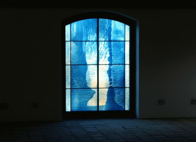Ice — large arched turquoise and blue acid-etched window, Domaine Mechtildshausen, 2005