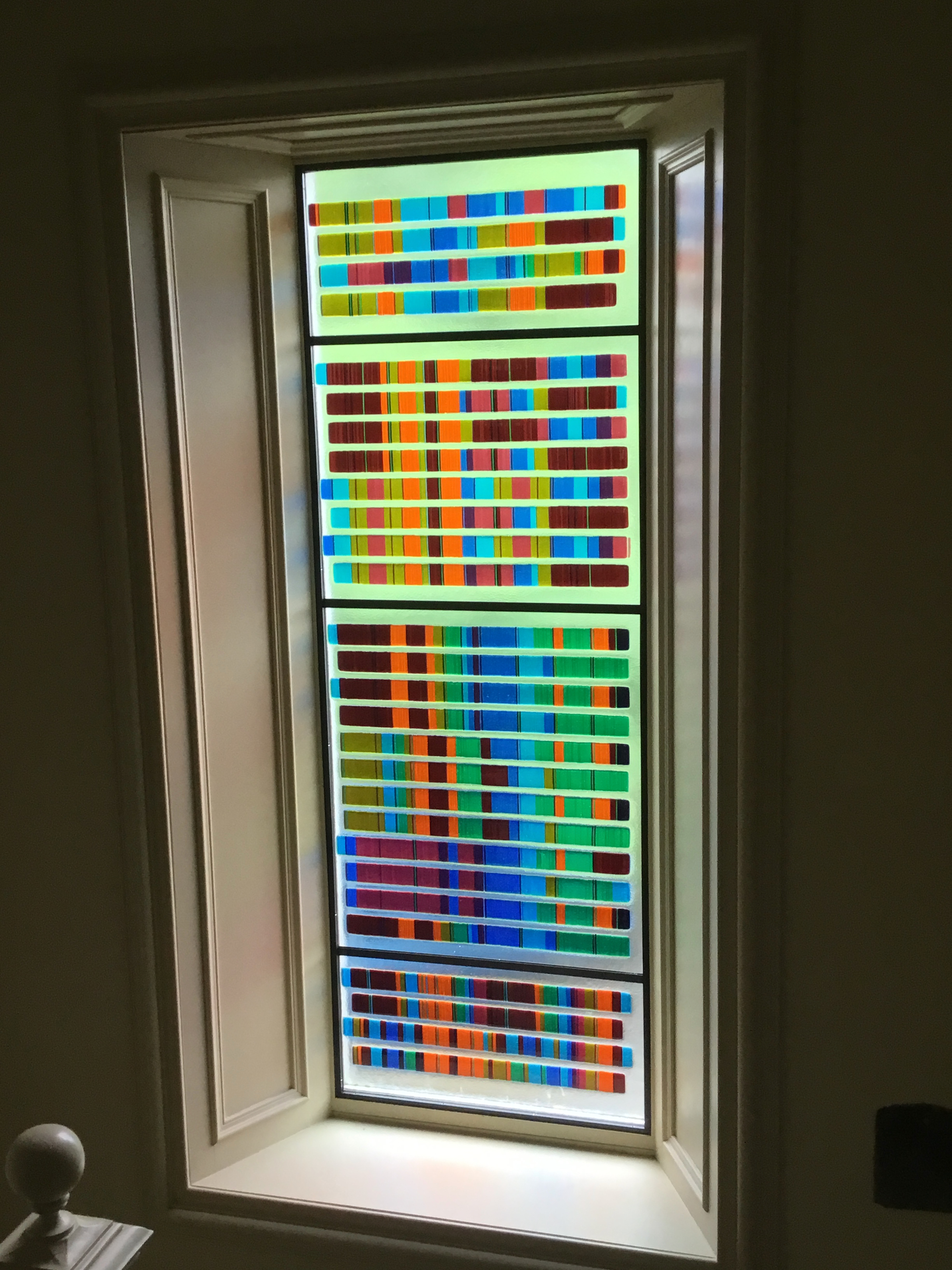 Pipes in Stripes — the completed window in daylight, Latheron House, Caithness