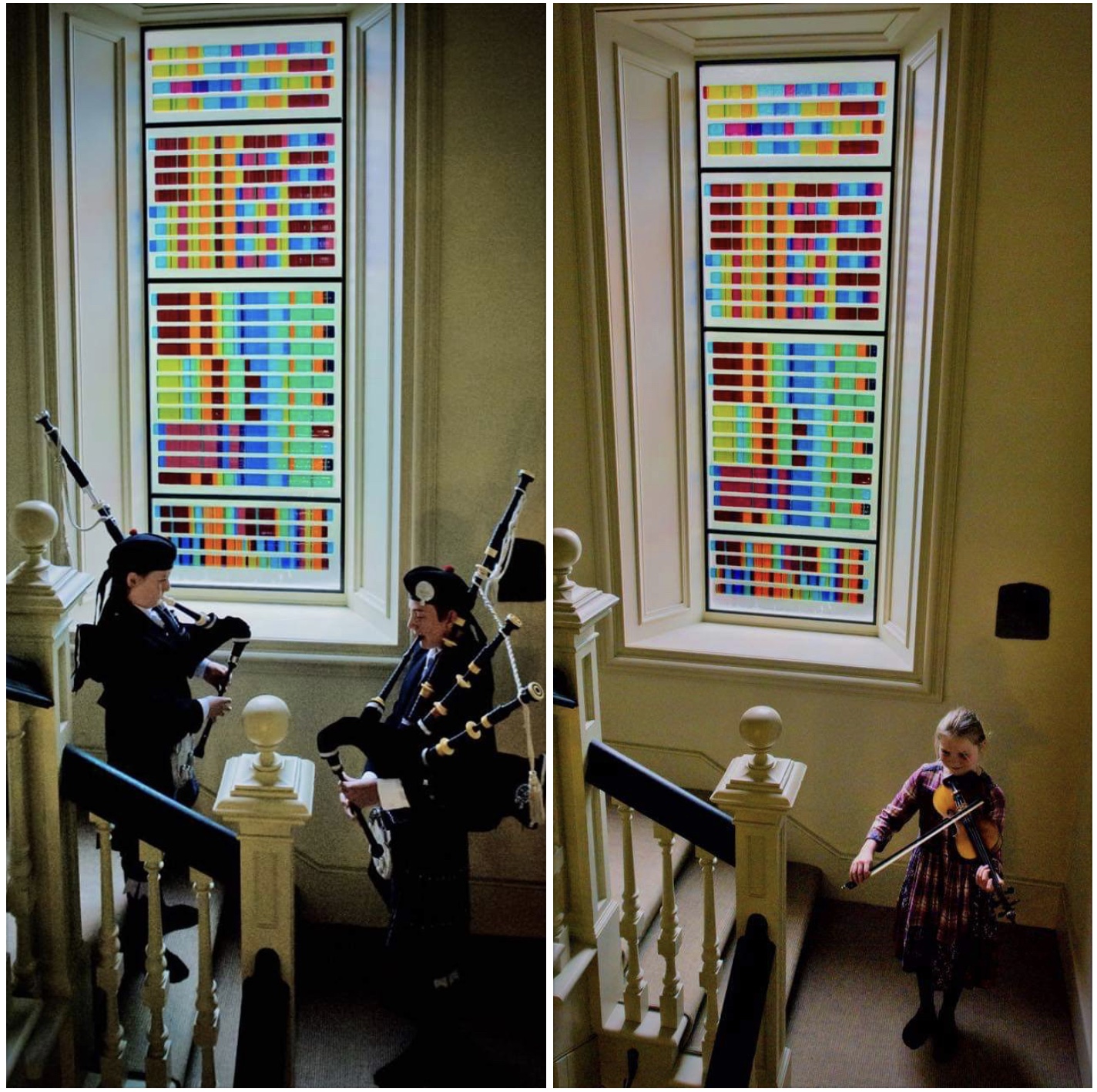 The dedication of Pipes in Stripes — two pipers playing the tunes encoded in the window, and a young violinist playing before it