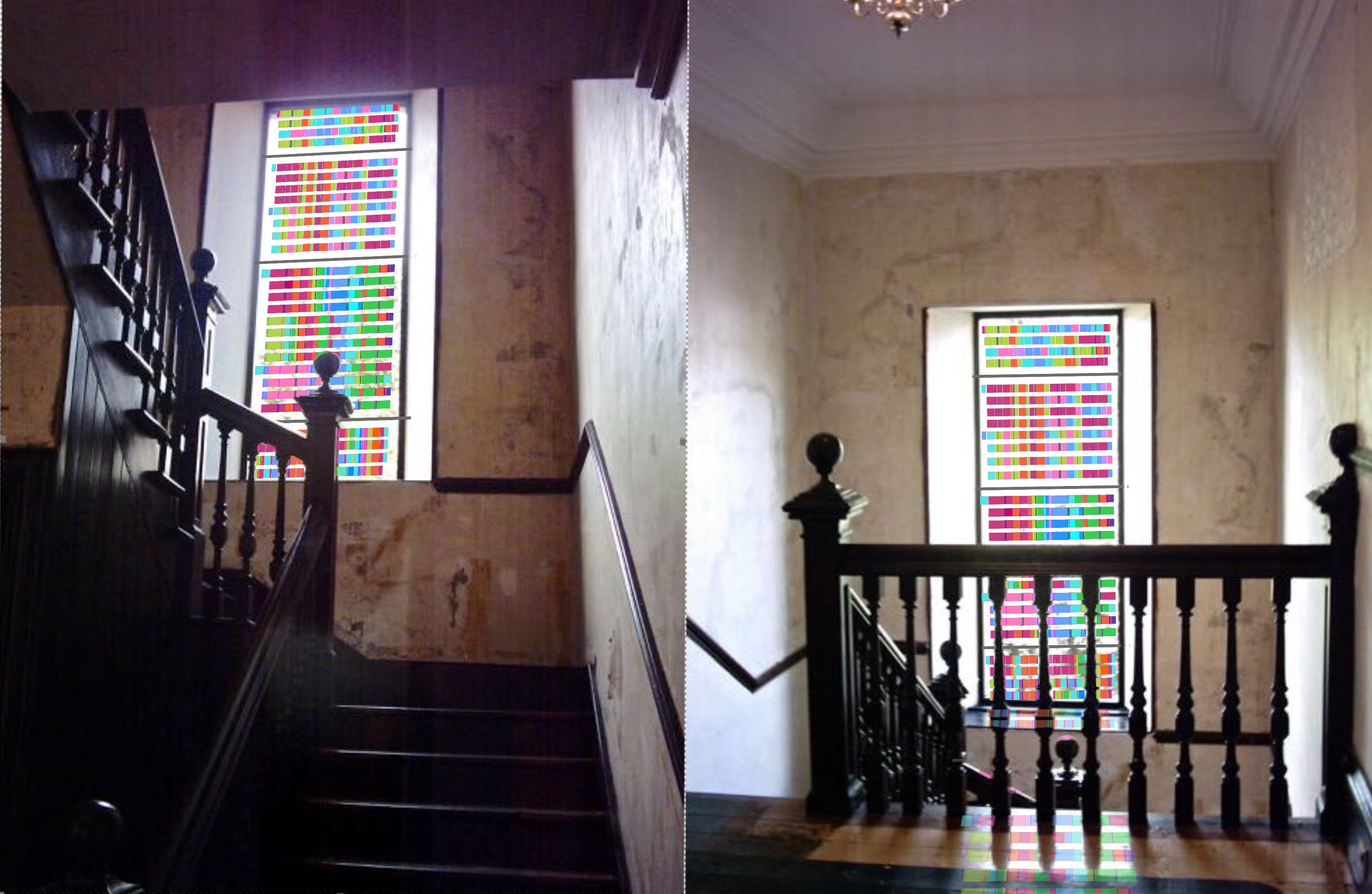 Photomontage of the Pipes in Stripes design placed in the Latheron House staircase