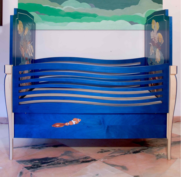 Cream bed — full view, natural veneer marquetry, sunlit reef