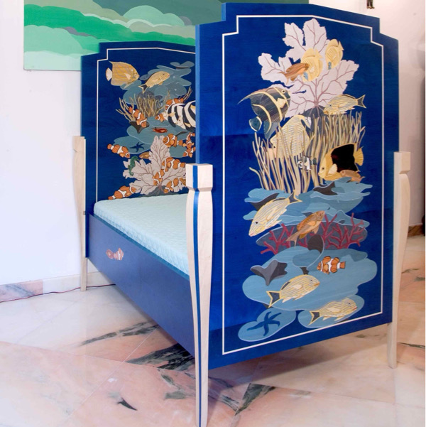 Cream bed — right panel detail, tropical reef fish
