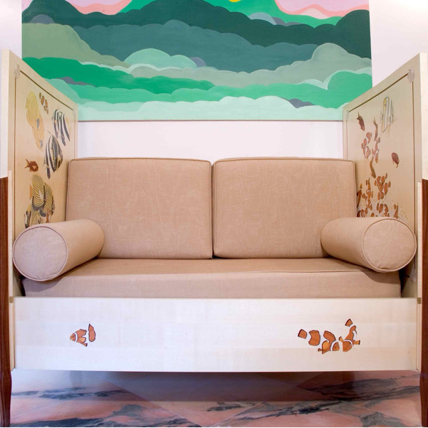 Cobalt blue bed — full view, dyed veneer marquetry, deep ocean