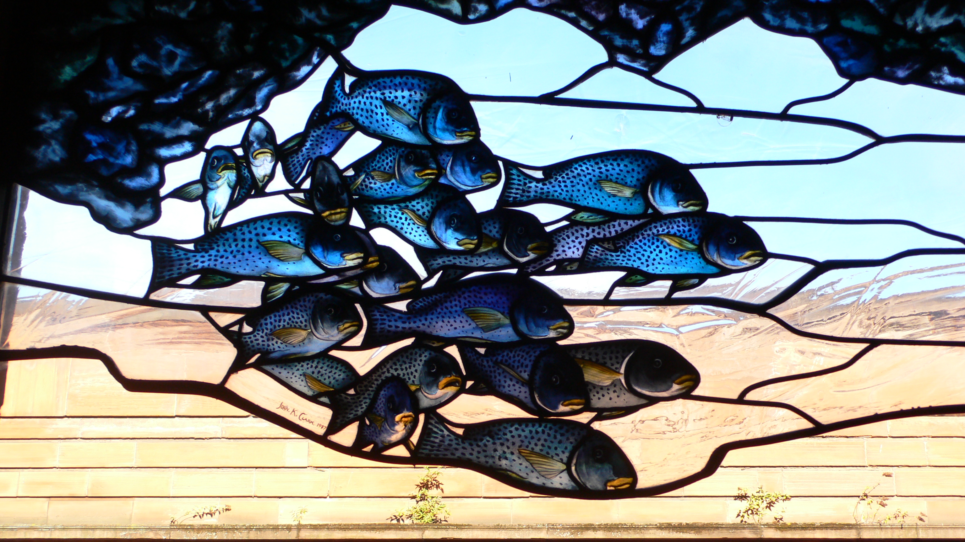 A Flock of Fishes — Cafe Gandolfi, Glasgow, 1984. The windows that brought the Japanese client to the commission.