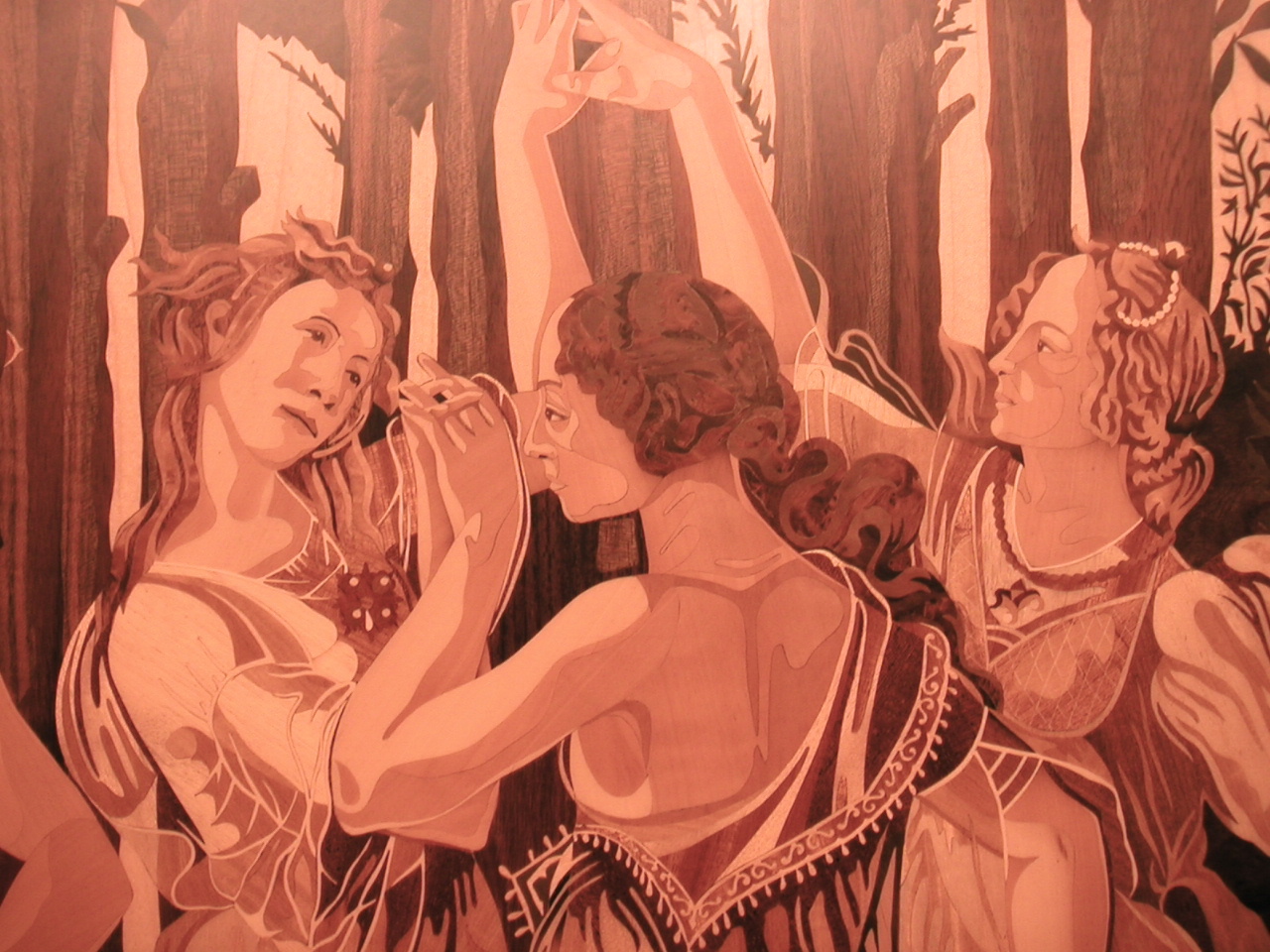 Traditional Sorrento marquetry — figurative scene in the manner of Renaissance painting, natural wood tones