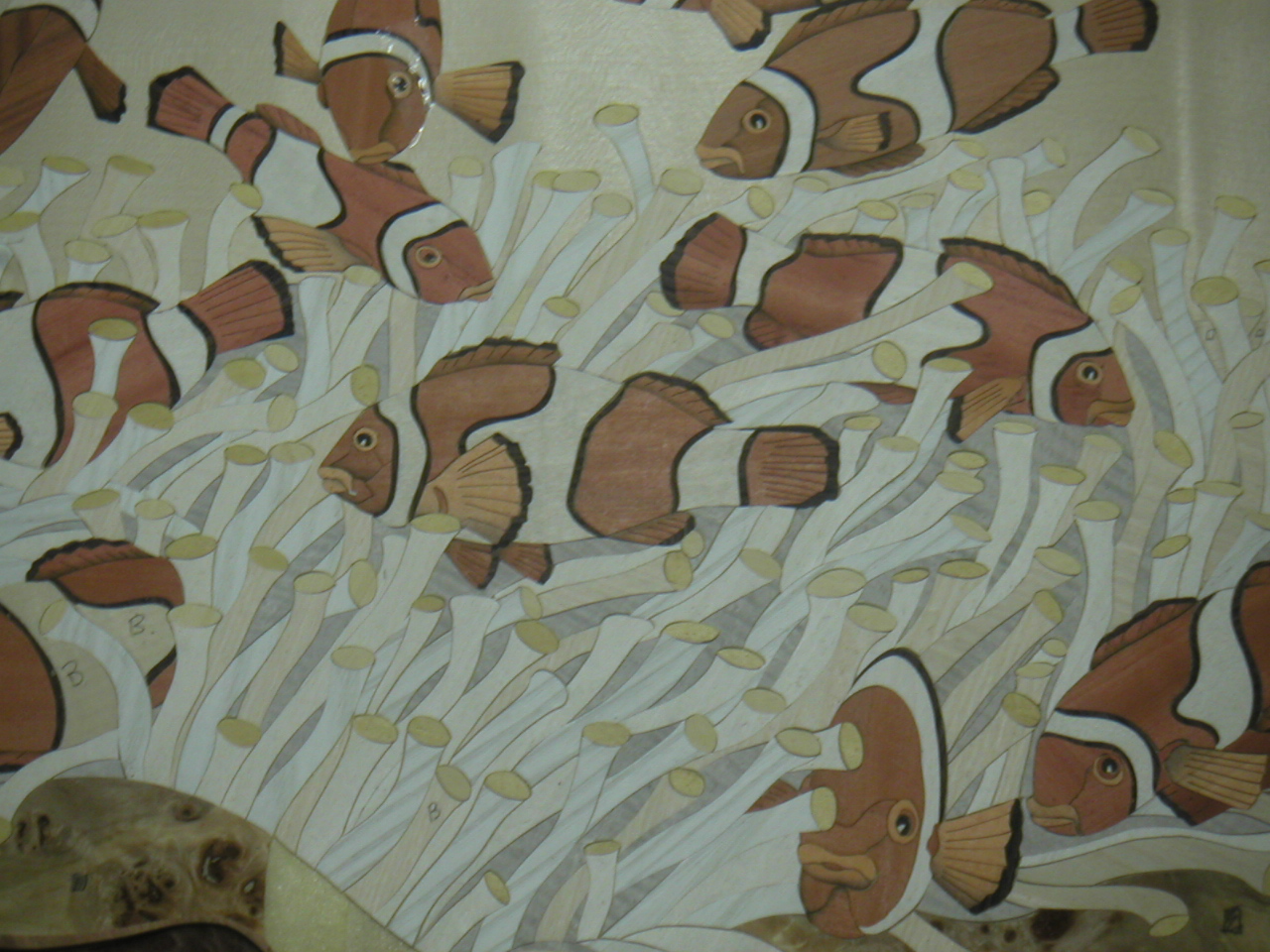 A single clownfish in natural wood veneer marquetry