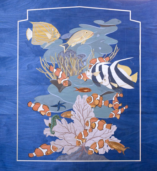Cream bed — full view, natural veneer marquetry, sunlit reef