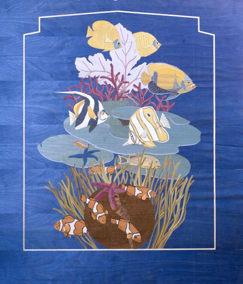 Cream bed — left panel detail, surgeonfish shoal