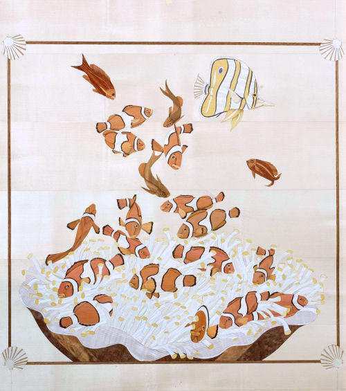 Cobalt blue bed — full view, dyed veneer marquetry, deep ocean