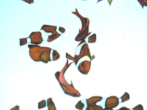 Lower section detail — sea anemone colony with clownfish, J.K. Clark 2004 signature visible