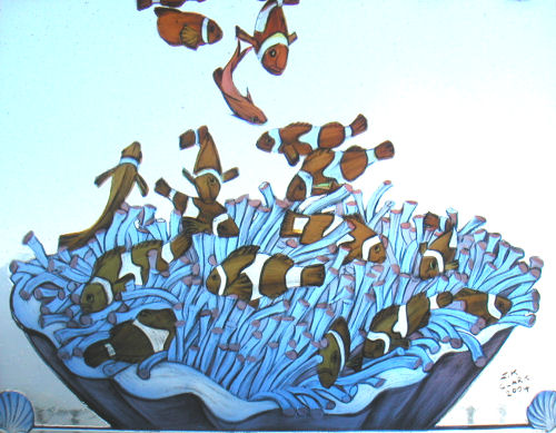 Lower section detail — sea anemone colony with clownfish, J.K. Clark 2004 signature visible